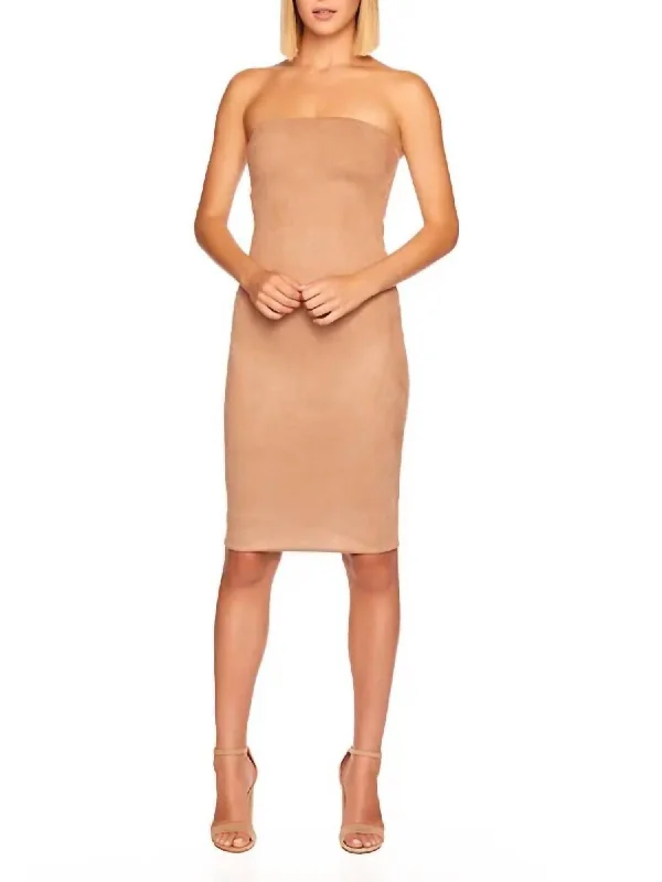Get Ready to Save!Faux Suede Tube Strapless Midi Dress In Sand