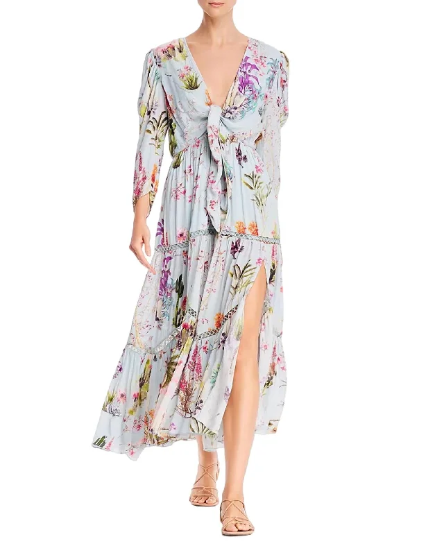 Save More with Every Purchase!Floral Print Tie Cutout Puff-Sleeve Flounce Midi Dress In Powder Blue