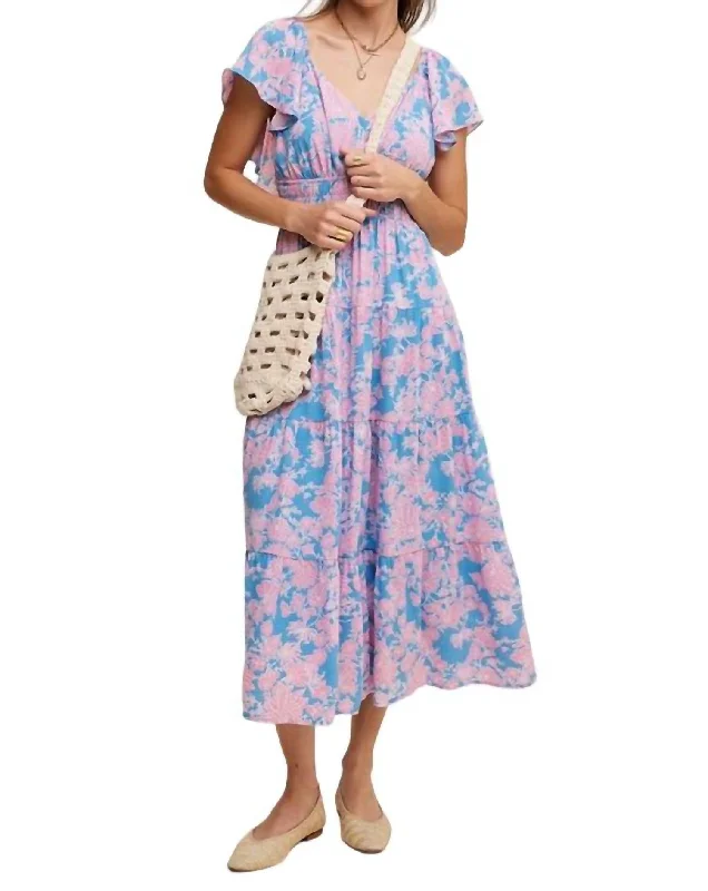 Your Dream Deal is Here!Floral Print Vneck Ruffle Sleeve Maxi Dress In Blue