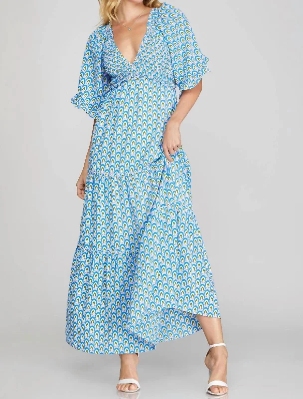 Must-Have Deals Inside!Flutter Sleeve Smocked Tiered Print V Neck Maxi Dress In Blue