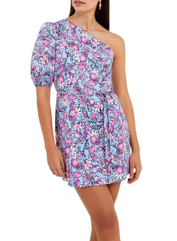 Lowest Prices Guaranteed!Fontini One Shoulder Puff Sleeve Mini Dress In Blue Placid