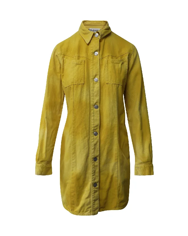 Price Drop Alert!Ganni Denim Button Front Shirt Mini Dress in Yellow Cotton