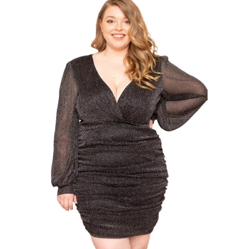 Stock Up and Save!Glitter Mesh Shirring Side Plus Mini Dress