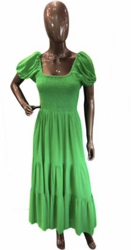 Limited-Time Price Drop!Green Puff Sleeve Tiered Maxi Dress
