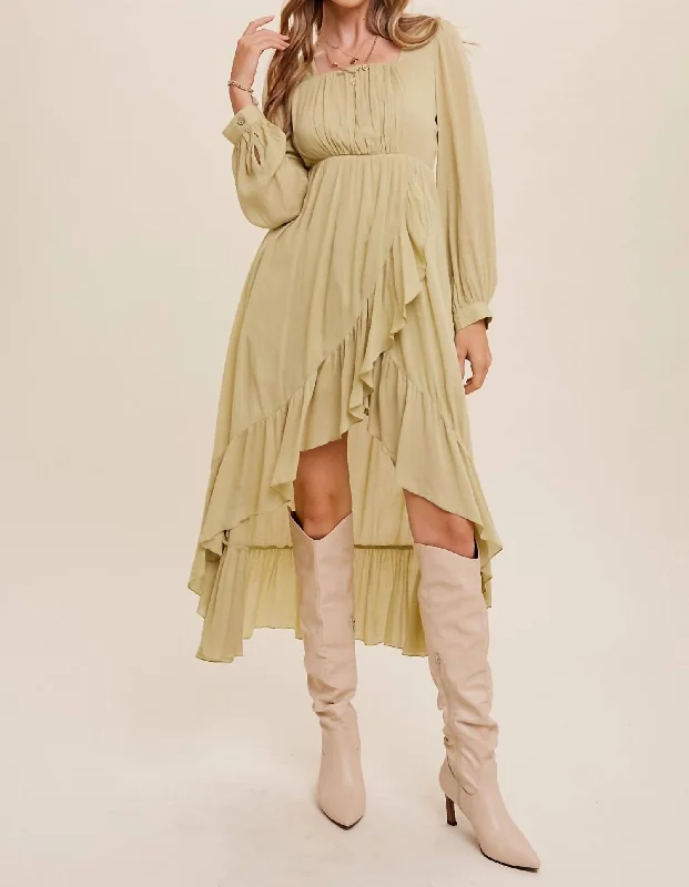 Flash Sale – Act Fast!High Low Ruffled Wrap Style Maxi Dress In Light Olive