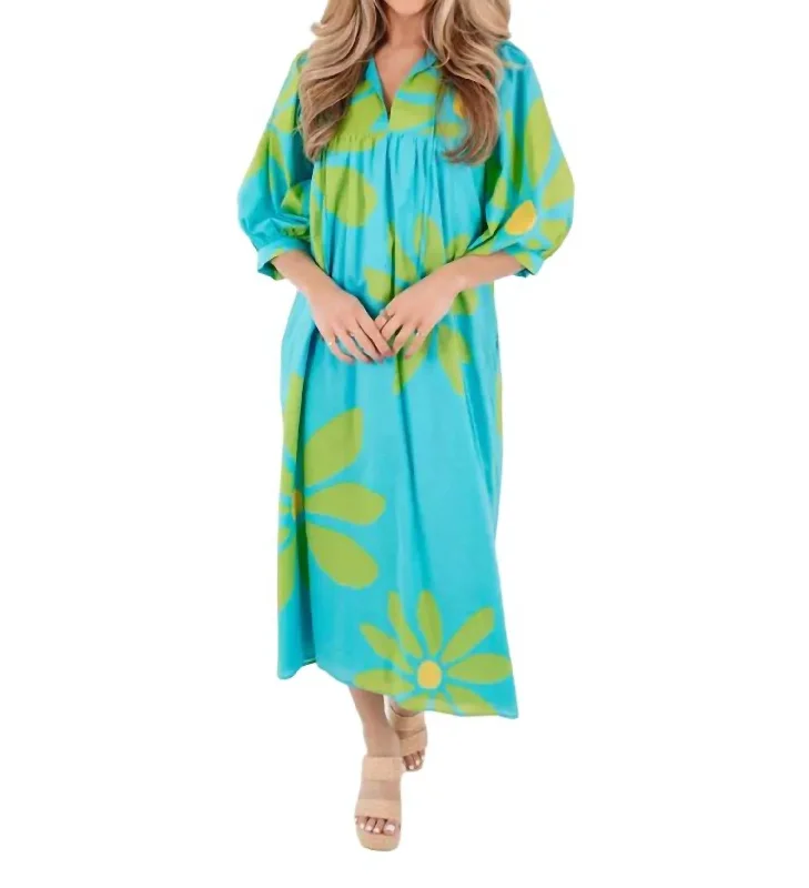 Incredible Savings Inside!Indi Puff Sleeve Midi Dress In Aqua Multi