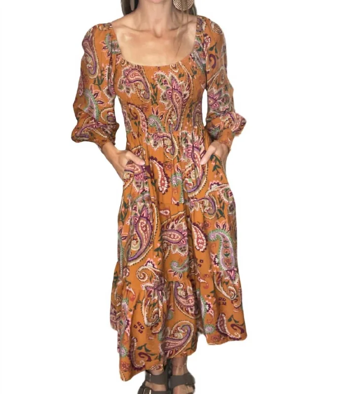 Your Chance to Save is Now!Jennifer Paisley Midi Dress In Toffee