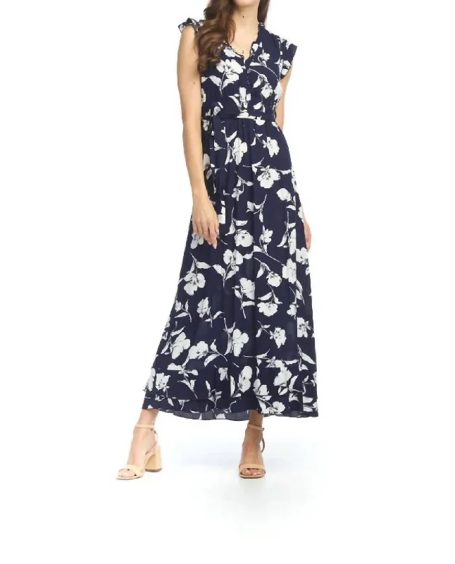 Must-Have Deals Inside!Mariah Floral Ruffle Midi Dress In Navy