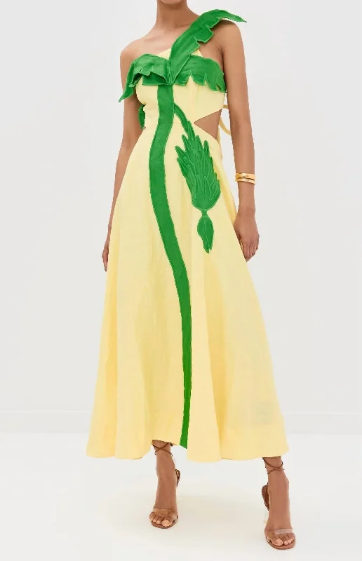 Best Deals Just for You!Palm Tree Cutwork Midi Dress In Yellow/green