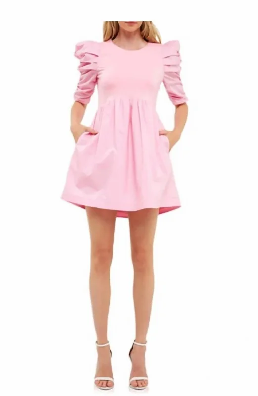 Shop Today, Save Tomorrow!Pleated Puff Sleeve Mini Dress In Pink