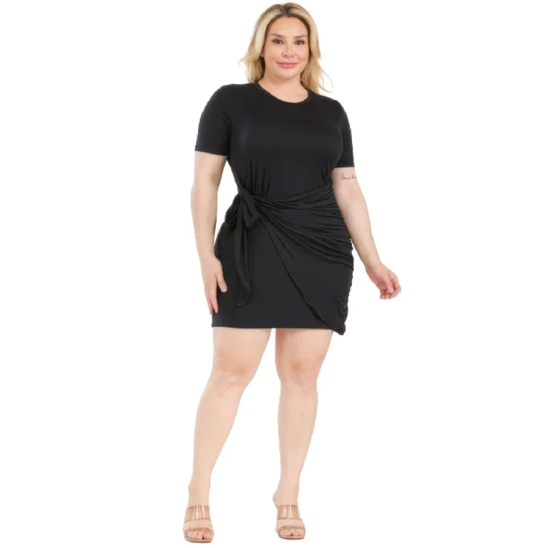 Time to Save Big!Plus Size Solid Wrap Front Tie Side Short Sleeve Mini Dress