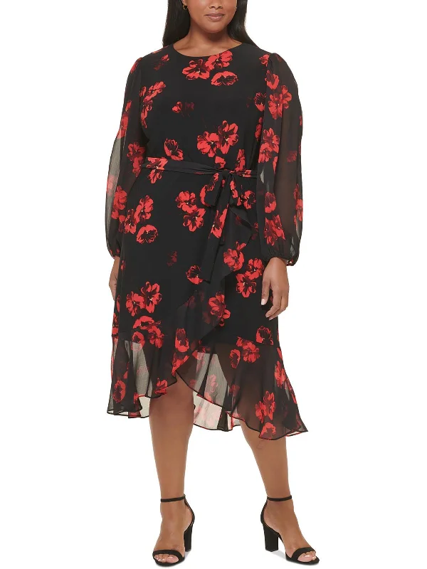 Price Drop Alert!Plus Womens Floral Belted Midi Dress