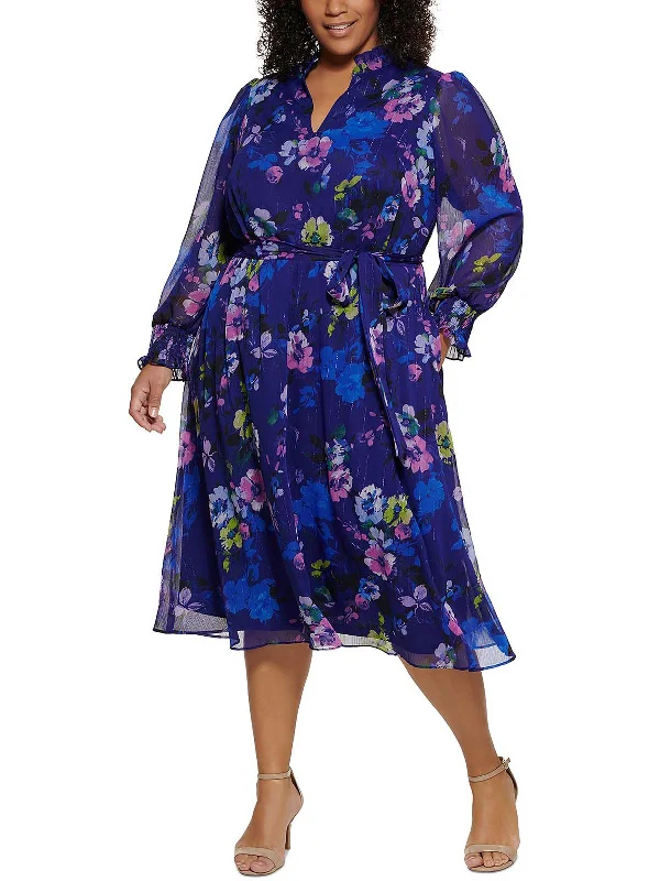 Get More for Less!Plus Womens Floral Print Mid Calf Midi Dress