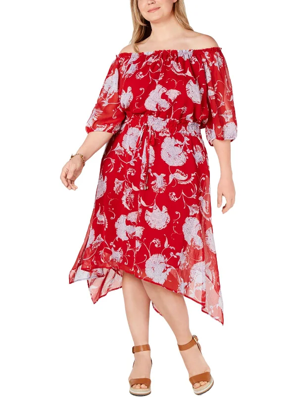 Limited Time Offer!Plus Womens Floral Tie-Waist Midi Dress