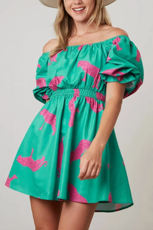 Buy More, Save More!Poplin Mini Dress In Green/pink Cheetah