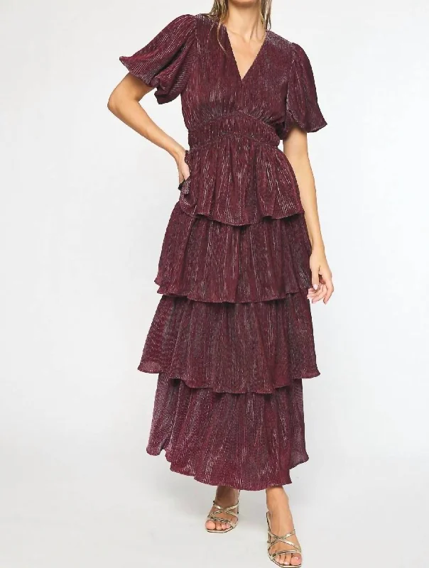 Shop Before It’s Gone!Puff Sleeve Maxi Dress In Metallic Sangria