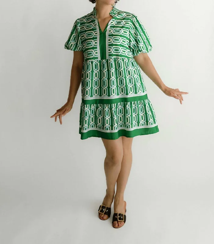 Best Offers of the Month!Puff Sleeve Pattern Mini Dress In Green