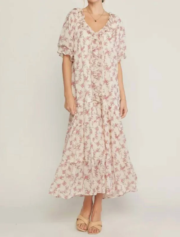 Find the Best Deals Here!Ruffled V Neck Maxi Dress In Beige