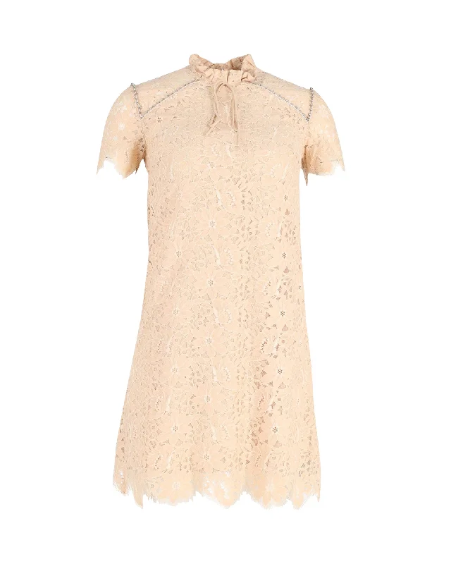 Amazing Prices You Can’t Resist!Sandro Embellished Lace Mini Dress in Beige Cotton