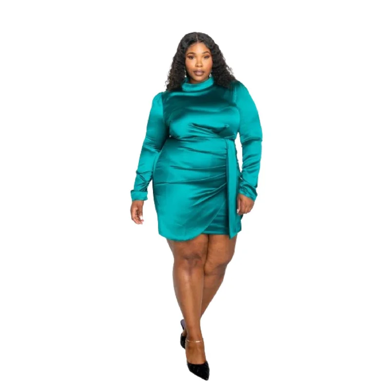 Limited Edition, Limited Price!Satin Mock Neck Rouched Mini Dress