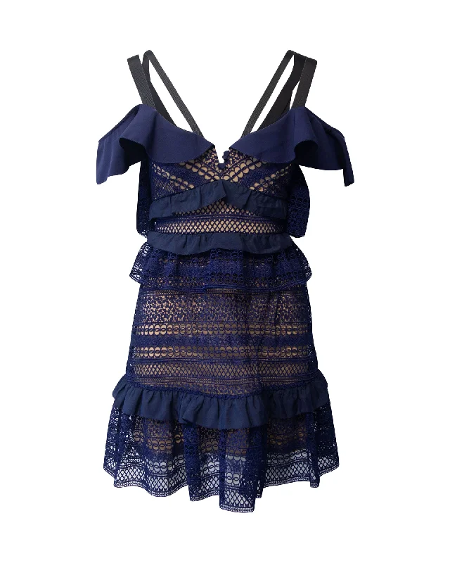 Find Your Perfect Deal Today!Self-Portrait Flounced Lace Mini Dress in Navy Blue Polyester Find Your Perfect Deal Today!Self-Portrait Flounced Lace Mini Dress in Navy Blue Polyester