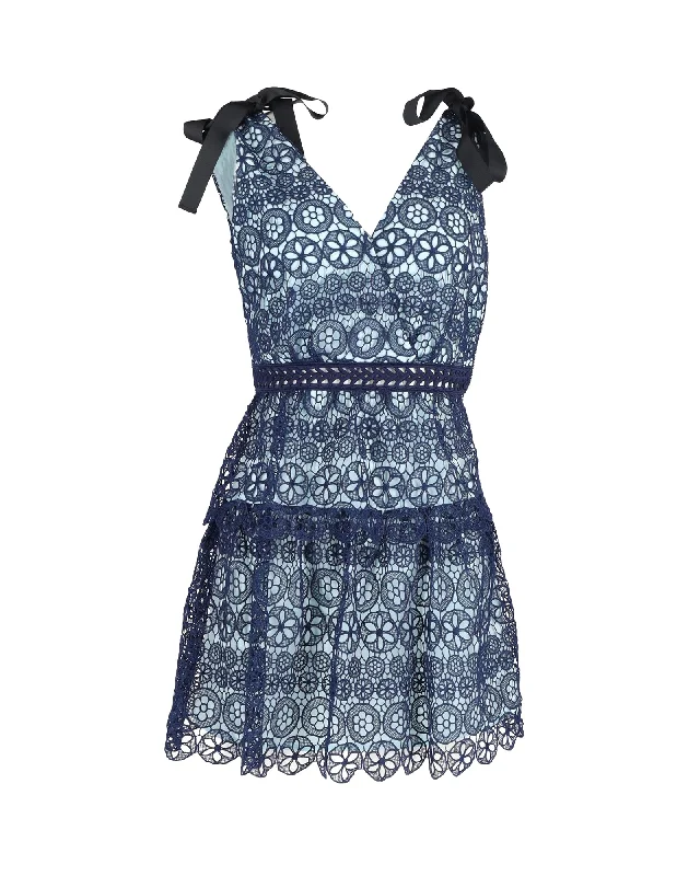 Unlock Huge Savings Now!Self-Portrait Tiered Bow-Detailed Mini Dress in Blue Polyester Guipure Lace Unlock Huge Savings Now!Self-Portrait Tiered Bow-Detailed Mini Dress in Blue Polyester Guipure Lace