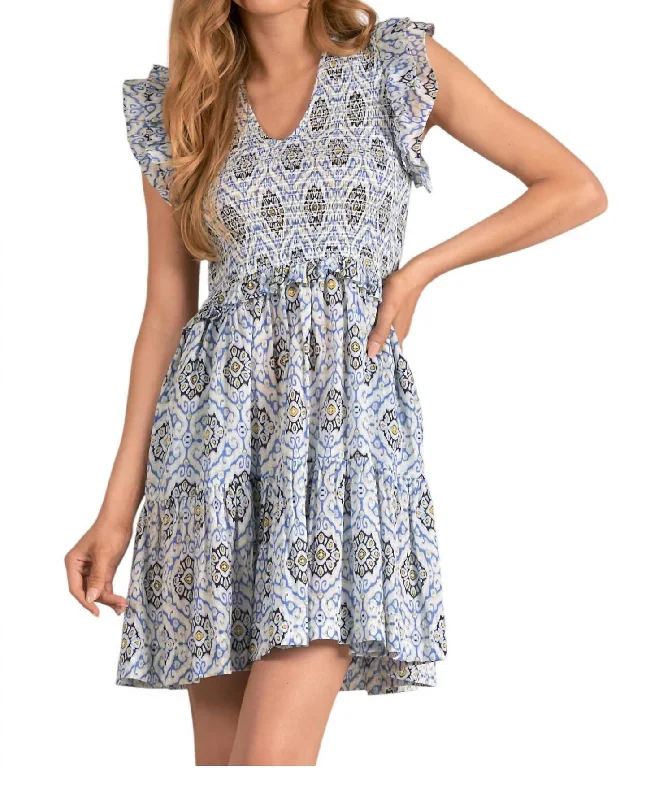 Exclusive Deals Just for You!Smocked Bodice Print Mini Dress In Blue Print