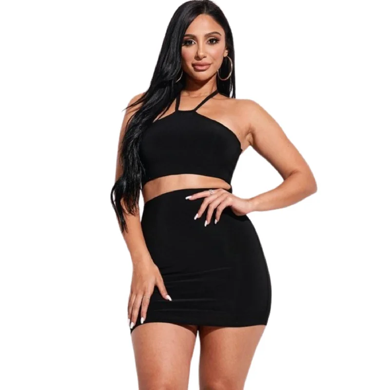 Save More When You Shop More!Solid Knit Double Layered Halter Neck Mini Dress With Front Cut Out