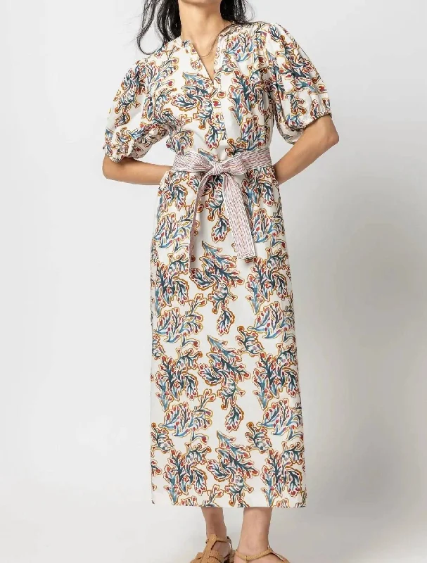 Get the Best for Less!Split Neck Full Sleeve Maxi Dress In Spring Watercolor