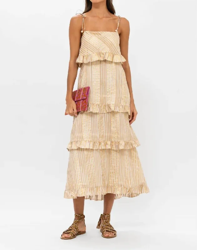Your Chance to Save is Now!Strap Ruffle Midi Dress In Samoa Tan Gold