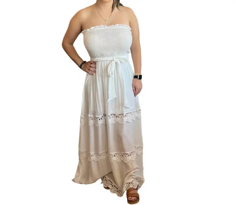 Save Money, Shop Happy!Strapless Lace Maxi Dress In White
