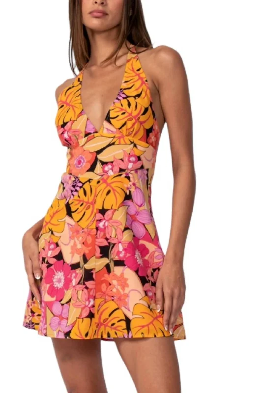 The Best Offers Are Here!Tropical Floral Halter Mini Dress In Night Flower