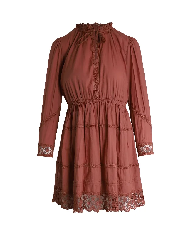 Shop Before It’s Gone!Ulla Johnson Tie-Neck Crochet-Trimmed Mini Dress in Rust Cotton