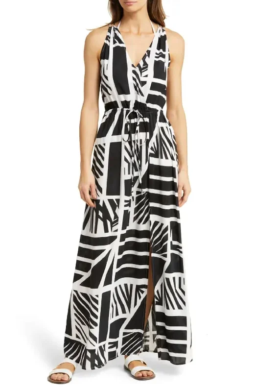 Get More for Less!V-Neck Tie Back Maxi Dress In Black And White Multi
