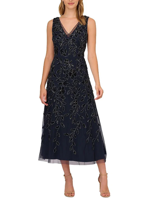 Shop Early, Save Big!Womens Floral Beaded Sequin Midi Dress