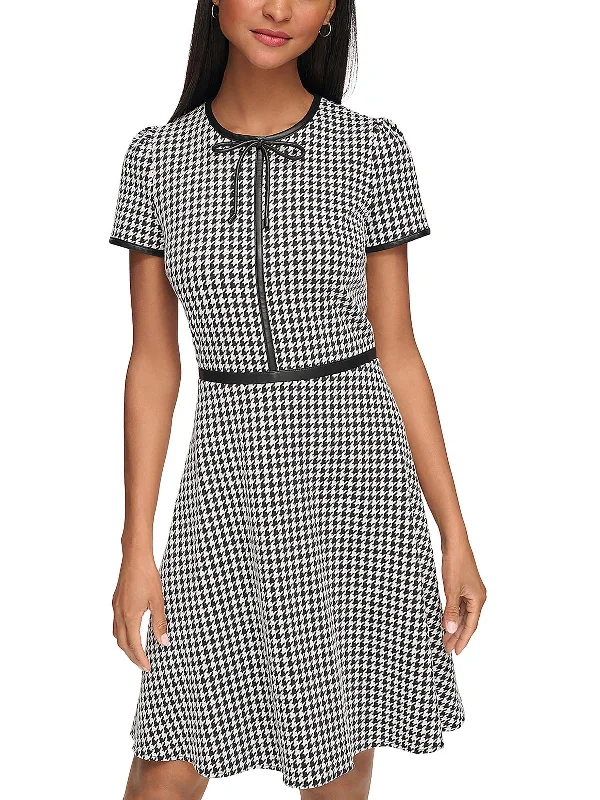 One Click Away from Big Savings!Womens Houndstooth Bow Neck Mini Dress