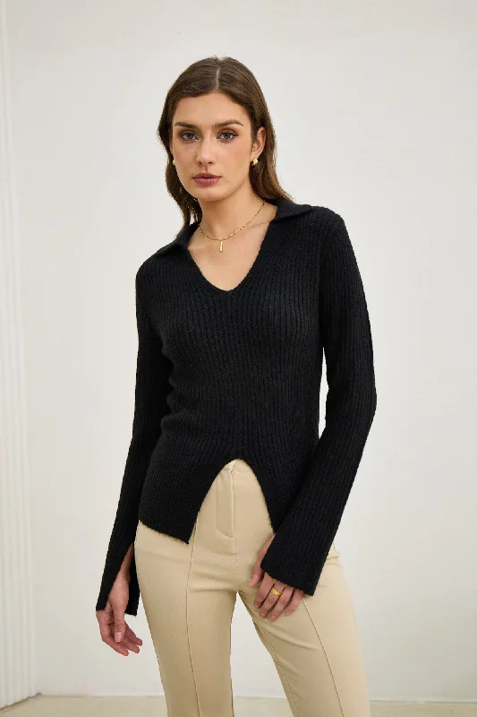 Don't Miss Out!Audrey Black Split Long Sleeve Knit Top