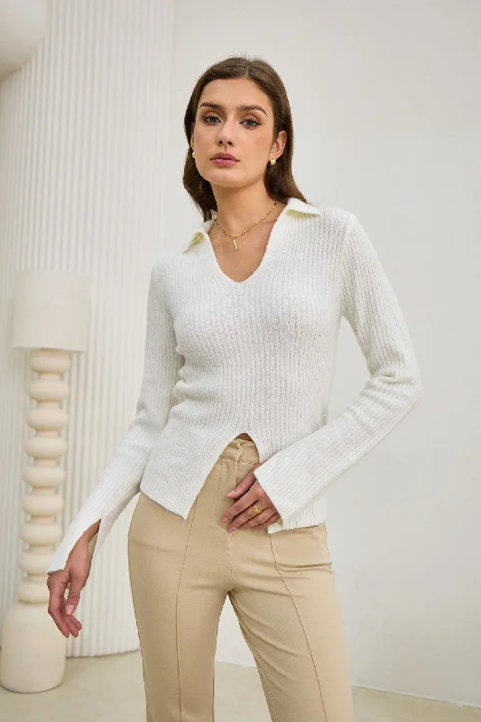 Save Like Never Before!Audrey Off White Split Long Sleeve Knit Top
