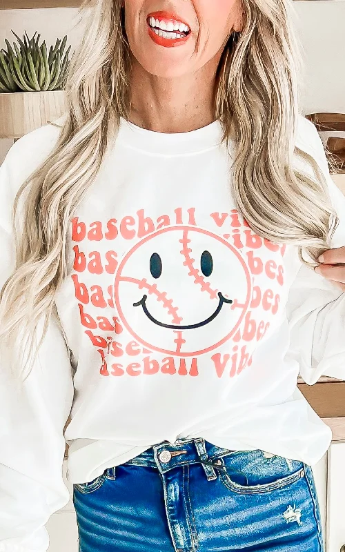 Massive Price Cuts!Baseball Vibes White Graphic Crewneck Sweatshirt