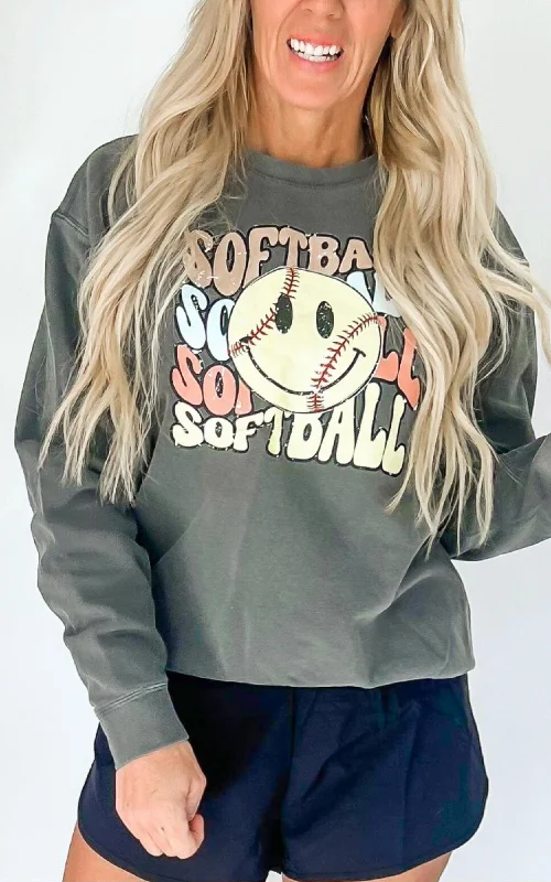 Save Like Never Before!Charcoal Softball Yellow Smiley Comfort Colors Lightweight Crewneck Sweatshirt*
