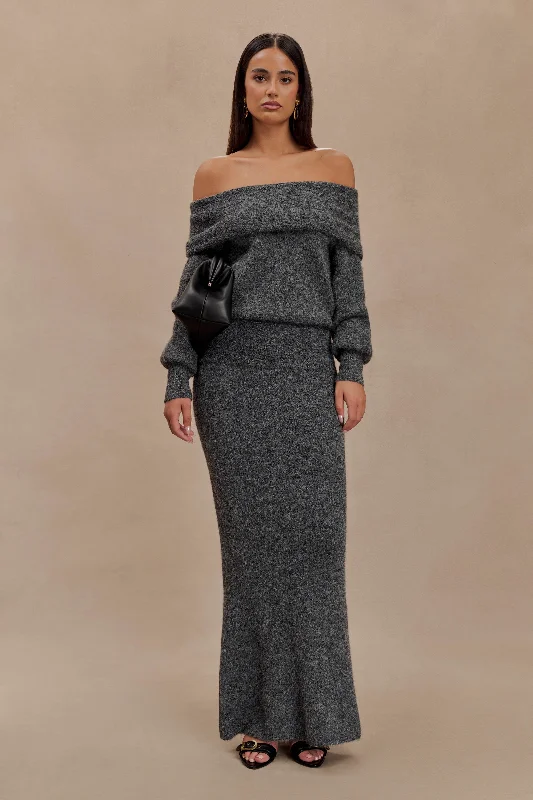 Lowest Prices Guaranteed!Charlotte Knit Maxi Skirt With Overlay - Charcoal