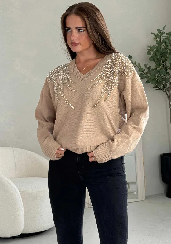 Hot Deals You Can’t Resist!Girl in Mind Sia Pearl & Sequin V Neck Jumper, Camel