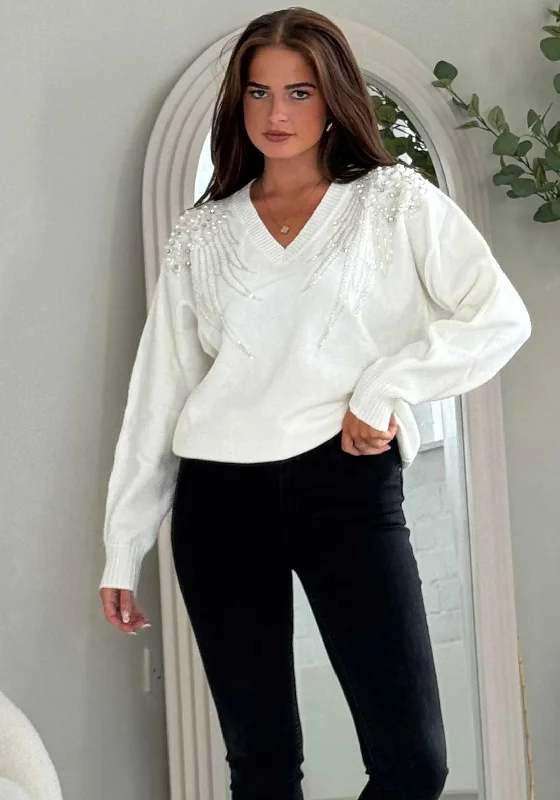 Limited-Time Price Drop!Girl in Mind Sia Pearl & Sequin V Neck Jumper, Cream