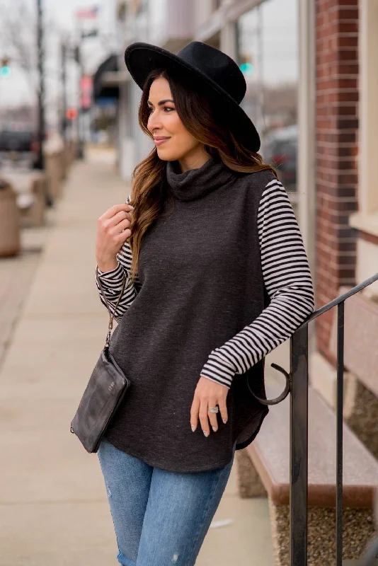 Save Like Never Before!Heathered Striped Sleeve Cowl Neck Sweatshirt