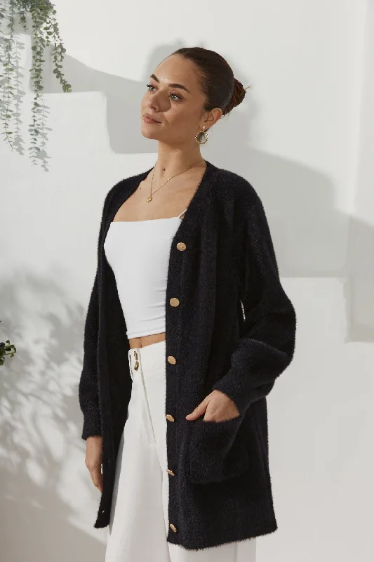 Huge Savings – Act Now!Imogen Black Longline Fluffy Knit Cardigan