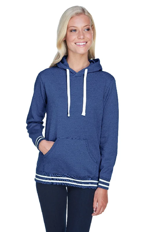 Hurry! While Supplies Last!J America Womens Relay Sueded Fleece Hooded Sweatshirt Hoodie - Navy Blue/White - Closeout Hurry! While Supplies Last!J America Womens Relay Sueded Fleece Hooded Sweatshirt Hoodie - Navy Blue/White - Closeout