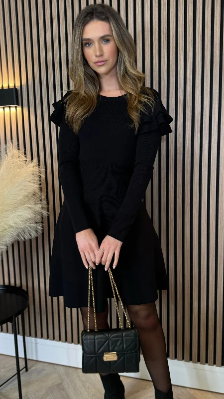 Get More, Spend Less – Shop Now!Leighton Black Frill Shoulder Detail Kint Mini Dress