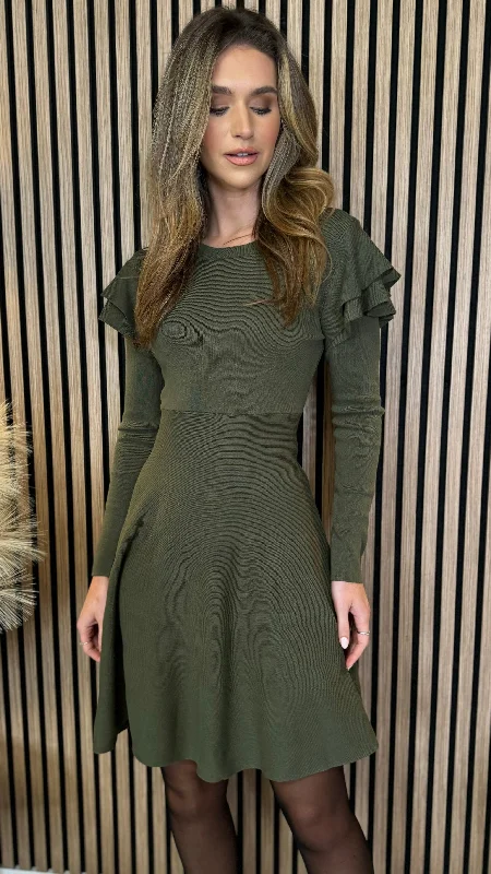 More Discounts, More Joy!Leighton Khaki Frill Shoulder Detail Kint Mini Dress
