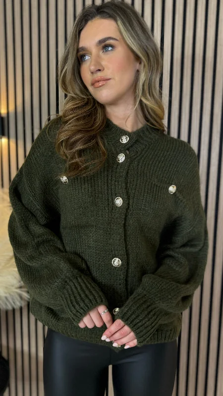 Save Money, Shop Happy!Lottie Khaki Chunky Knit Button Detail Cardigan