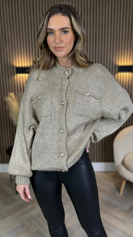 The Best Sale of the Year!Lottie Taupe Chunky Knit Button Detail Cardigan